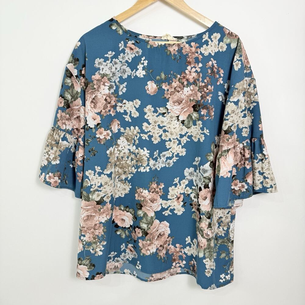 143 Story Line Up Floral Tunic Top Womens‎ Large Blue Oversized 3/4 Bell Sleeve